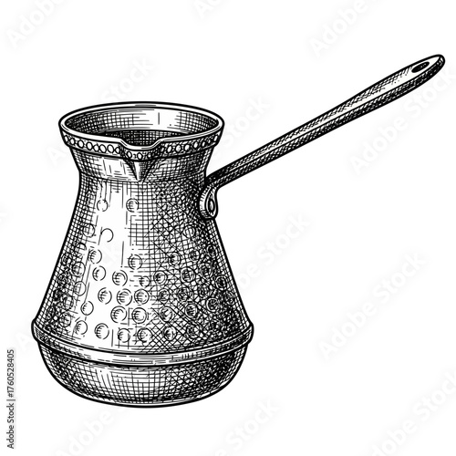 An antique style hand-drawn illustration of a traditional Turkish coffee pot, also known as a cezve or ibrik, with a long handle and textured body.