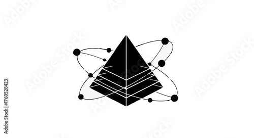 Abstract geometric pyramid with orbiting nodes representing data or connection