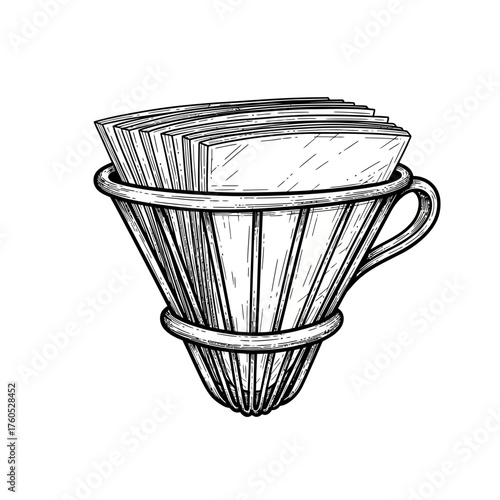 A hand-drawn sketch of a coffee dripper with paper filters inserted, ready for brewing.