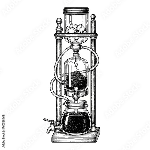 Intricate illustration of a cold brew coffee maker, showcasing its elegant design and function.