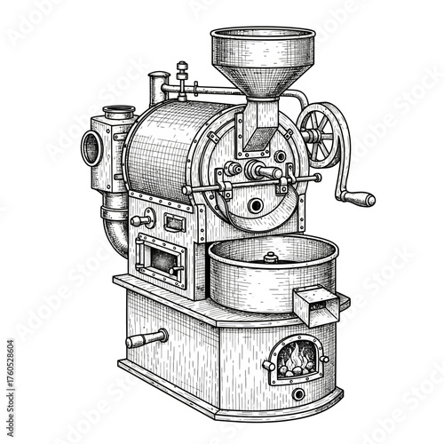Vintage coffee roasting machine illustrated in a detailed, hand-drawn engraving style on a white background.