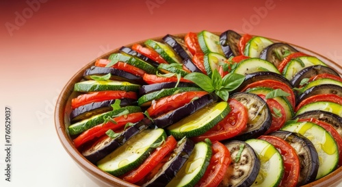 colorful ratatouille dish arranged in a circular pattern with sliced eggplant, zucchini, and tomato. Fresh herbs add aroma and elegance