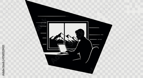 Silhouette of a man working on a laptop with a view of majestic mountains through the window