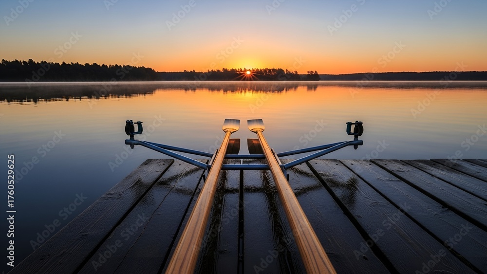 Fototapeta premium Serene Wooden Dock with Rowboat at Sunset Over Calm Lake
