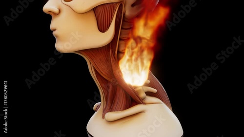 Conceptual 3D animation of a neck strain on fire