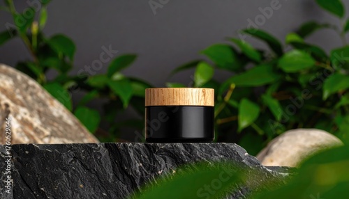 Black Balm Jar Mockup with Wood Lid on Slate