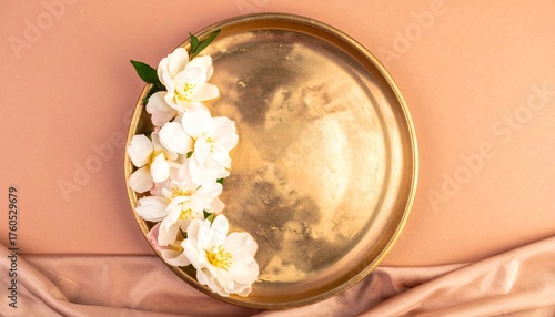 White Flowers on Gold Plate on Beige Fabric