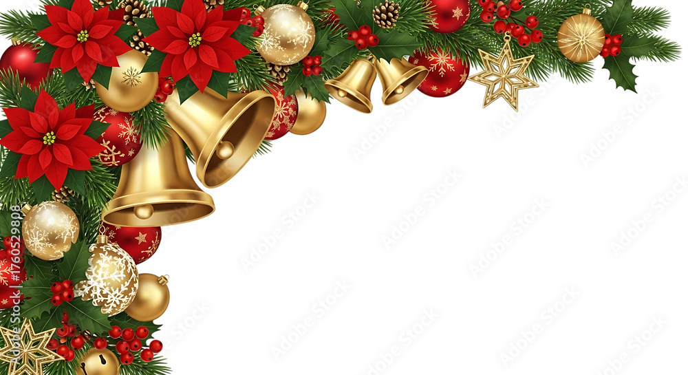 Obraz premium Christmas garland with poinsettias bells and ornaments isolated on transparent background