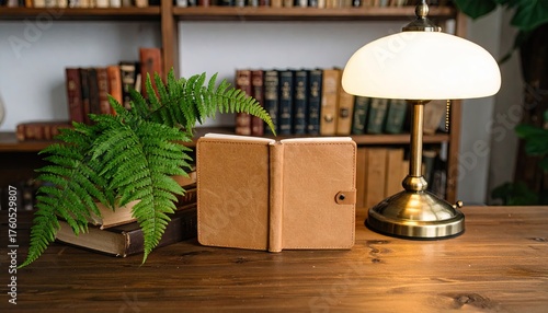 Dark Academia Desk Flatlay: Leather Journal Fern and Warm Lamplight