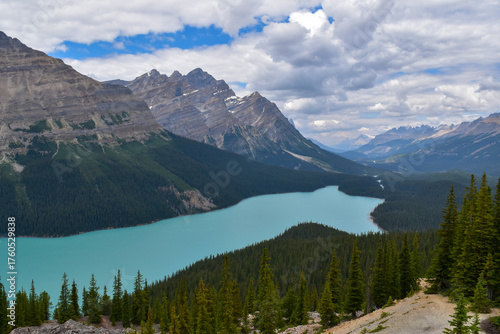 Panoramic view of Peyto Lake, Canada, with mountains, green forests, and a cloudy sky