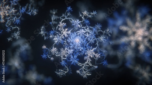 Delicate snowflake structures in blue and silver hues intertwine, forming a beautiful winter-themed abstract display set against a dark backdrop.