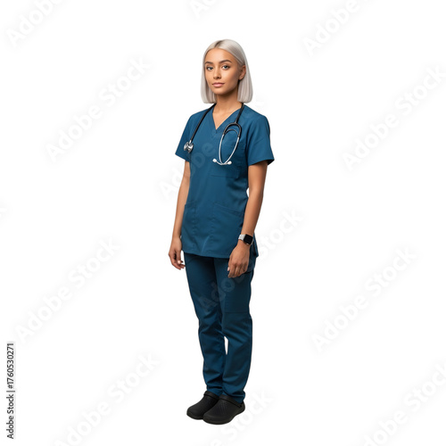 Professional nurse in teal scrubs and stethoscope ready for duty isolated on transparent background