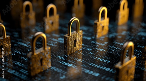Various golden padlocks are placed on a dark surface featuring glowing binary code. This scene symbolizes security and digital protection of data in a modern network.