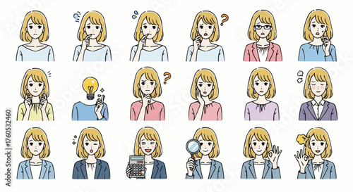 female character, woman illustration, blonde hair, vector set, facial expressions, emotions, poses, gestures, modern design, clean lines, flat style, minimalist, white background, office woman, busine