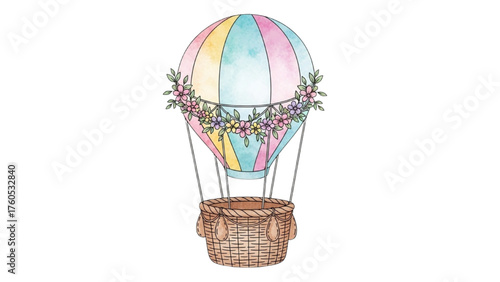 Pastel Hot Air Balloon Decorated with Flowers and a Wicker Basket