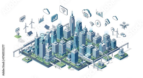 Fototapeta Naklejka Na Ścianę i Meble -  Isometric illustration of a smart city with buildings and infrastructure.