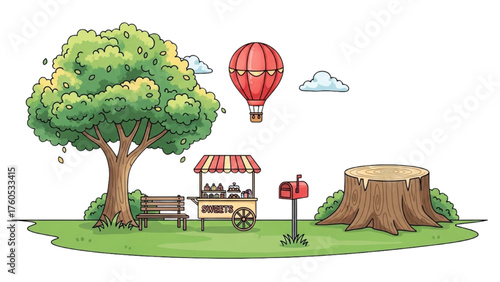 Whimsical Outdoor Park Scene with a Hot Air Balloon, Food Cart, and Nature Elements