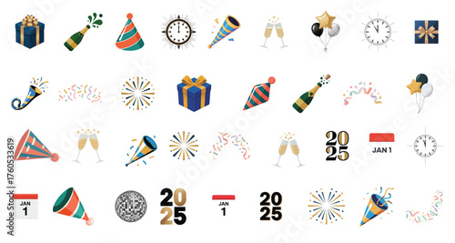 Festive happy new year celebration vector icon set colorful flat illustration elements