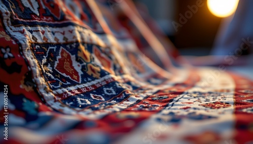 a close up view of a handwoven rug with intricate patterns, showcasing a traditional craft.