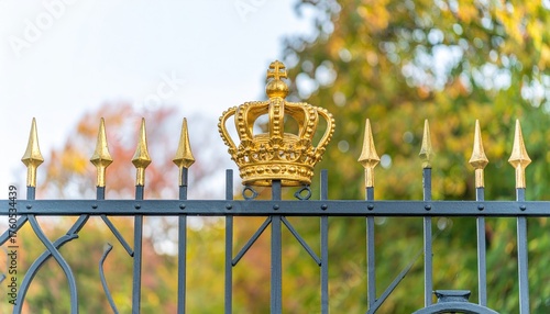 Golden Crown on Black Metal Fence with Autumn Background