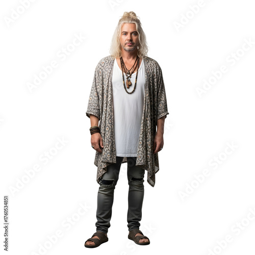 Man with blonde hair wearing bohemian style clothing full body studio portrait isolated on transparent background