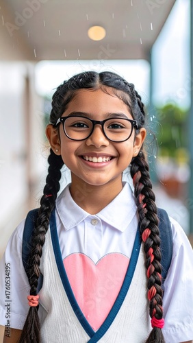 Smiling Girl in School Uniform Under Light Rain