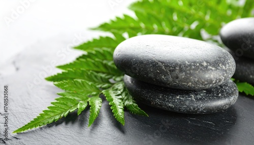 Serene Spa Still Life: Stacked Black Stones and Fern on Gray Slate