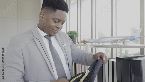 Pilots standing in a row at the airport. Airline crew members stand tall.