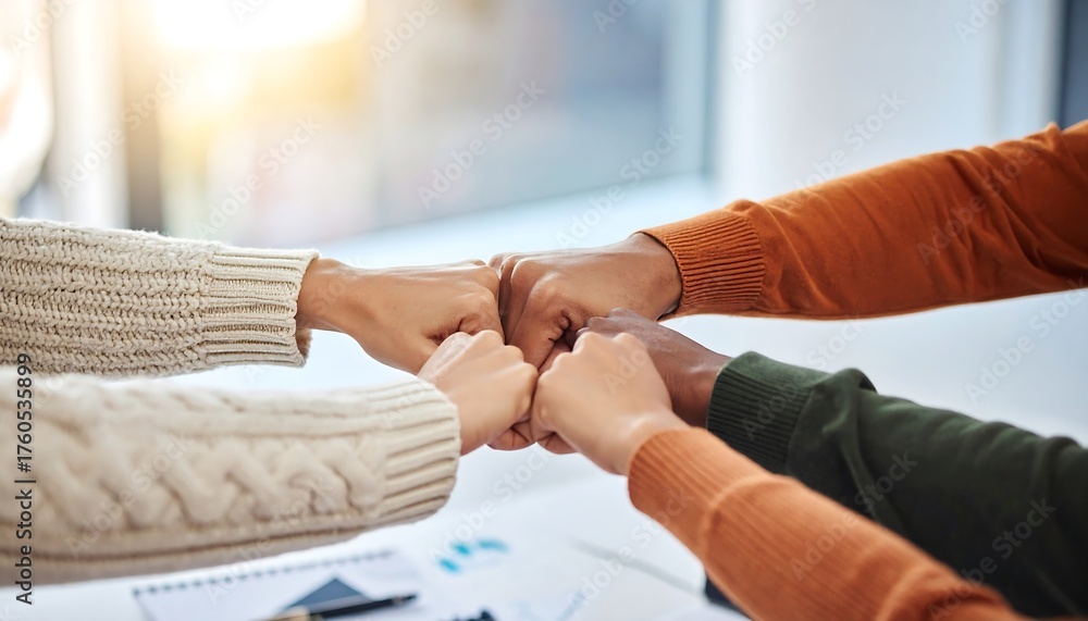 Fototapeta premium Diverse team uniting for success with a powerful fist bump, showing vibrant collaboration and shared goals in a modern work environment, let's win together