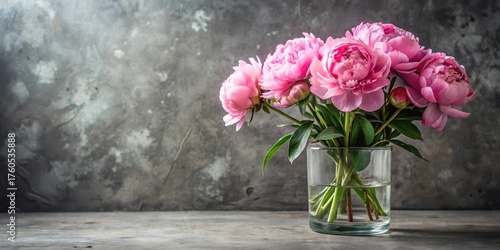 Wallpaper Mural Peonies in a clear glass vase with a simple metal base on a rustic stone floor Torontodigital.ca