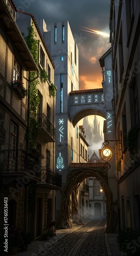 Narrow Alleyway in a Fantasy City with Arches and Glowing Signs.