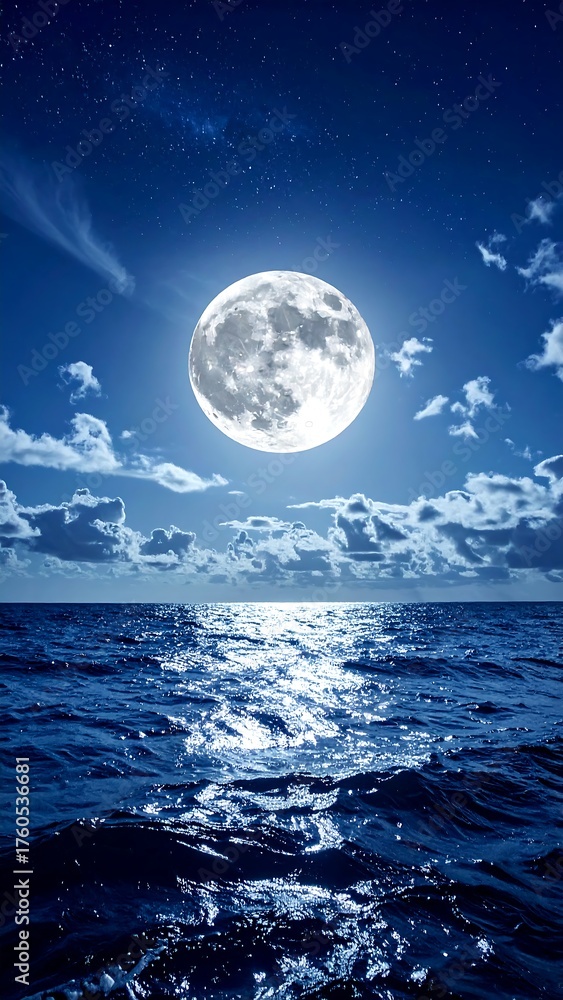 Fototapeta premium Night scene depicts a bright full moon over the dark blue ocean