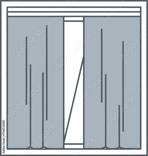Illustration of a window with gray curtains partially drawn on a white background