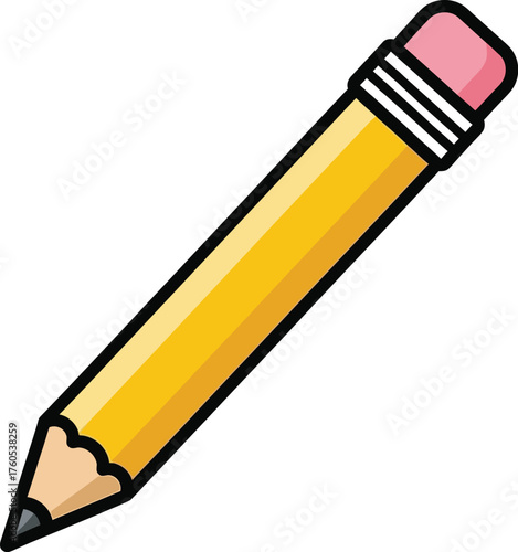 Yellow pencil with eraser on a white background for writing and drawing tasks