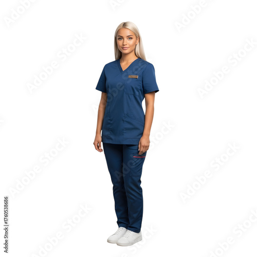 Young woman medical professional poses confidently in teal scrubs and white sneakers isolated on transparent background