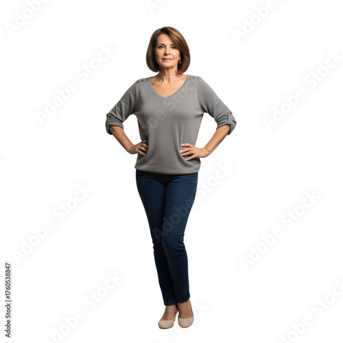 Confident woman standing full body pose hands on hips casual fashion isolated on transparent background
