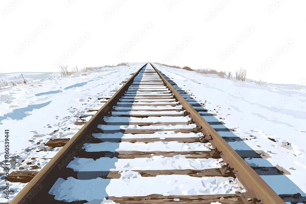 Fototapeta premium Cozy winter railway covered with snow, calm seasonal landscape illustration.