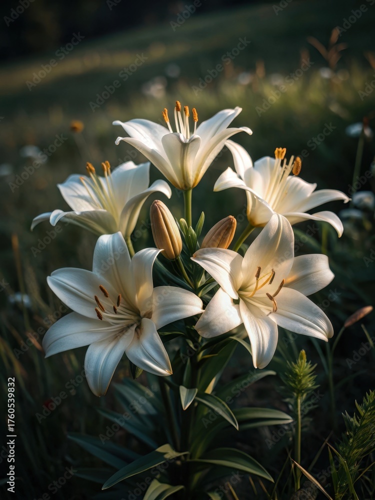 Obraz premium Delicate white lily flowers in a lush green meadow