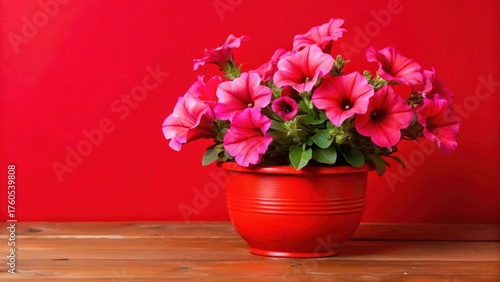 Wallpaper Mural Vibrant pink petunias in a small terracotta pot on a wooden table Torontodigital.ca