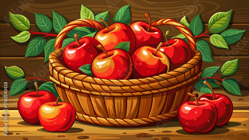 Very beautiful fresh red apples neatly arranged in a woven basket on a rustic wooden surface, glowing with natural freshness and inviting tones of autumn harvest and wholesome simplicity.