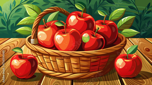 Very beautiful fresh red apples neatly arranged in a woven basket on a rustic wooden surface, glowing with natural freshness and inviting tones of autumn harvest and wholesome simplicity.