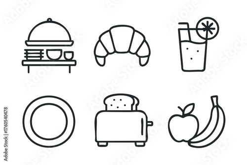 Breakfast buffet selection with croissant, juice, and fruit. Set of 6 vector illustration