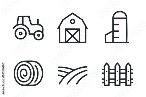 Farm elements tractor, barn, silo, hay, fields, fence. Set of 6 vector illustration