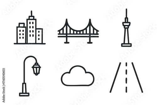 Urban cityscape elements with buildings, bridge, and road. Set of 6 vector illustration