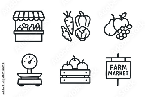 Fresh produce market display with fruits and vegetables for sale. Set of 6 vector illustration