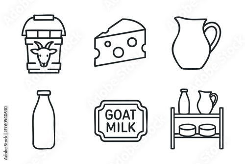 Goat milk products dairy farm essentials for healthy living. Set of 6 vector illustration