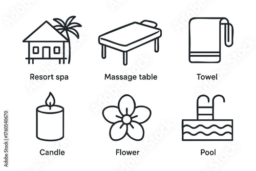 Relaxation and wellness at a resort spa with soothing elements. Set of 6 vector illustration