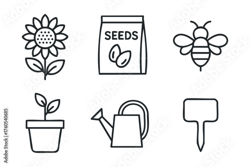 Gardening essentials for planting seeds and nurturing flowers. Set of 6 vector illustration