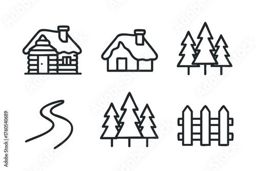 Winter cabin retreat in snowy landscape with trees and pathway. Set of 6 vector illustration