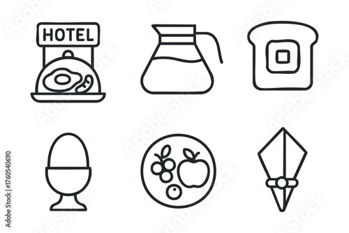 Breakfast essentials for a hotel morning gathering experience. Set of 6 vector illustration
